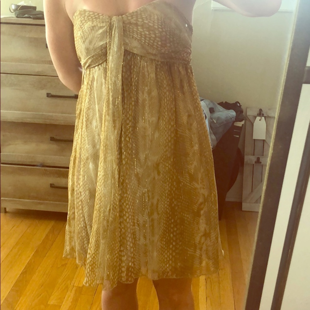 Express gold chiffon strapless dress